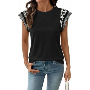 Acelitt Womens Summer Ruffle Short Sleeve Top Crewneck T Shirts Boho Floral Trim Casual Blouses(Black)