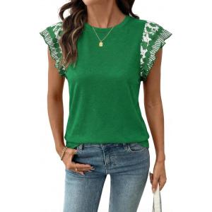 Acelitt Womens Summer Ruffle Short Sleeve Top Crewneck T Shirts Boho Floral Trim Casual Blouses(Dark Green)