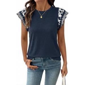 Acelitt Womens Summer Ruffle Short Sleeve Top Crewneck T Shirts Boho Floral Trim Casual Blouses(Sail Blue)