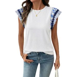 Acelitt Womens Summer Ruffle Short Sleeve Top Crewneck T Shirts Boho Floral Trim Casual Blouses(Sky Blue)